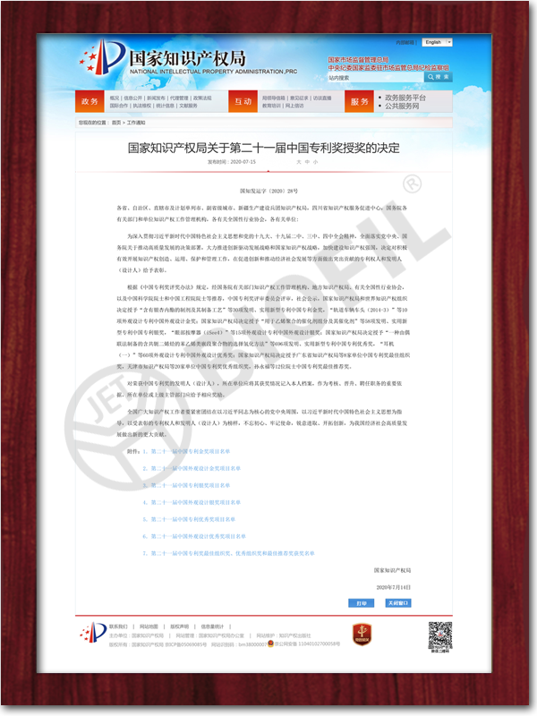 Excellence Award of the 21st China Patent Award