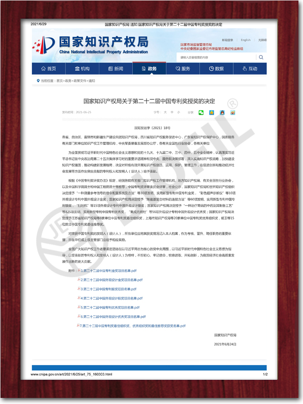 Silver Award of the 22nd China Patent Award