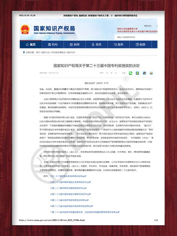 Excellence Award of the 23rd China Patent Award